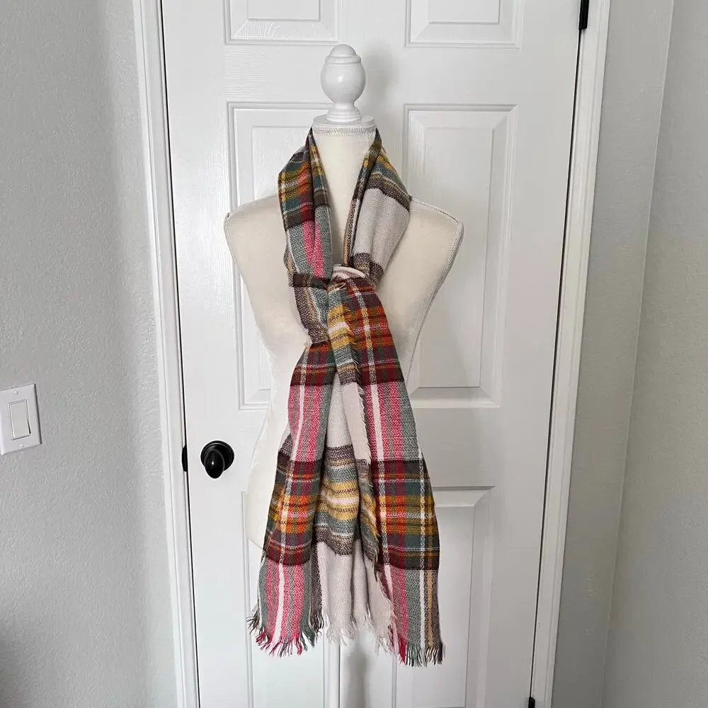 🍄 3/$15 Plaid Fringe Shawl Scarf Wrap Fall Colors Soft Lightweight Blanket Style